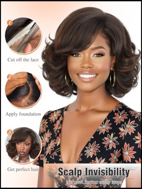 Short Curly Bob Wig with Bangs Layered Yaki Wavy Synthetic Heat Resistant main image 6